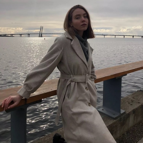 Coat long plaid vintage lantern puff sleeve runway womens soft khaki belt - Picture 7 of 10